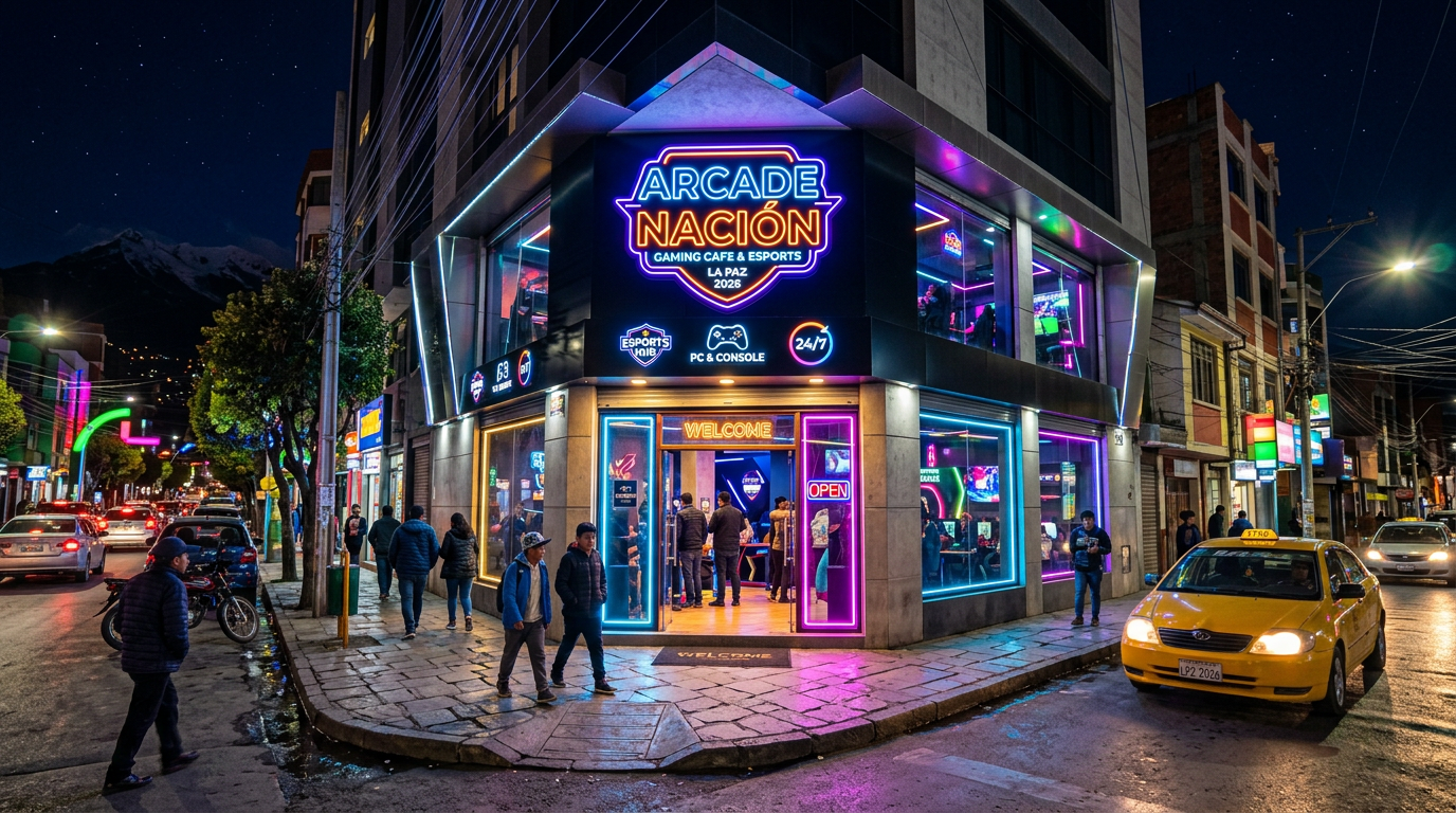 Exterior del juegos café Ranviku en Santa Cruz Bolivia de noche